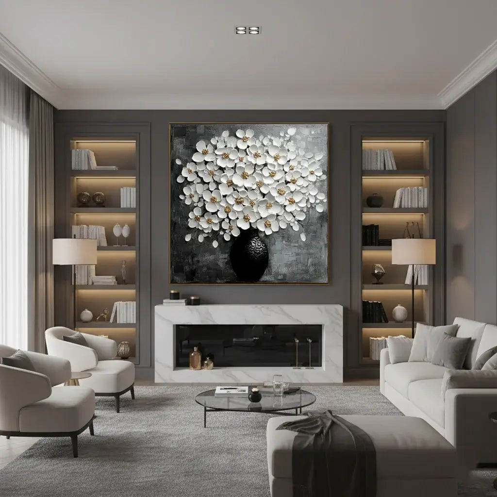 Modern living room with a fireplace, shelves, and decorative artwork.