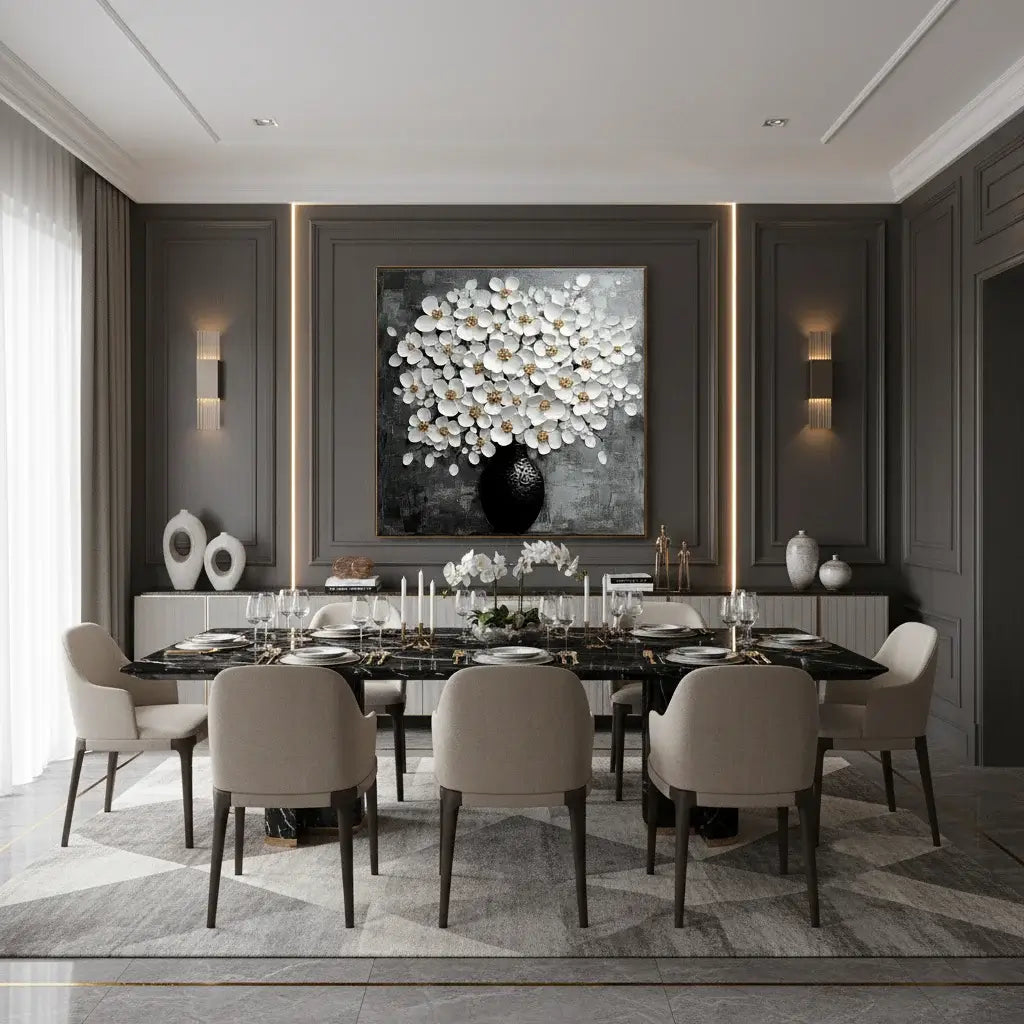 Modern dining room with a large floral painting on the wall.