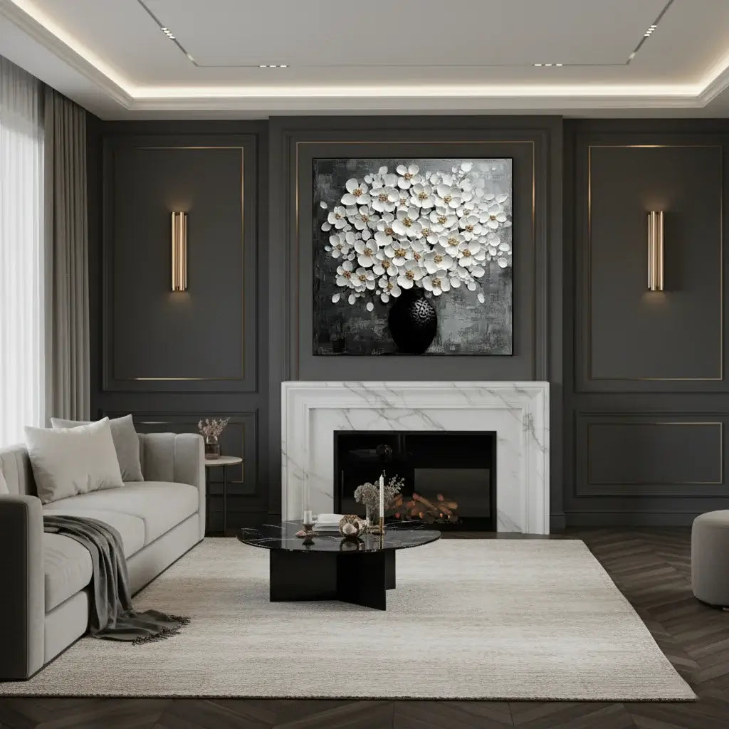 Modern living room with gray walls, a fireplace, and decorative artwork.