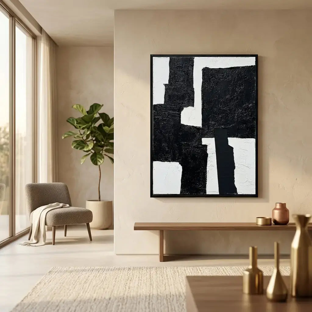 Modern living room with abstract black and white artwork on the wall, a plant, and minimal decor.