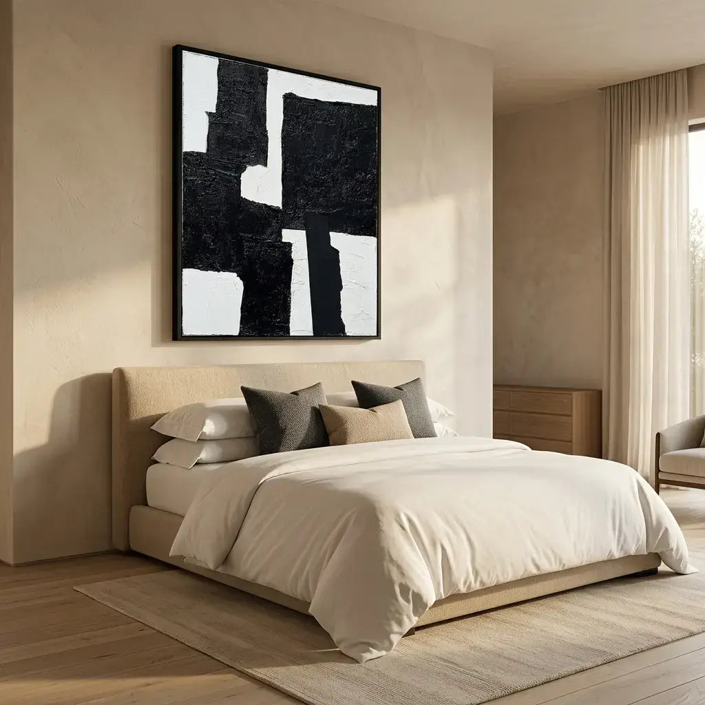 Modern bedroom with a bed, abstract art on the wall, and neutral decor.