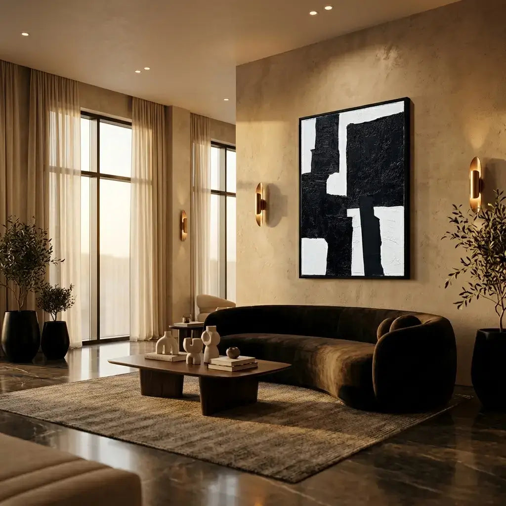 Modern living room with a brown sofa, coffee table, and abstract artwork on the wall.