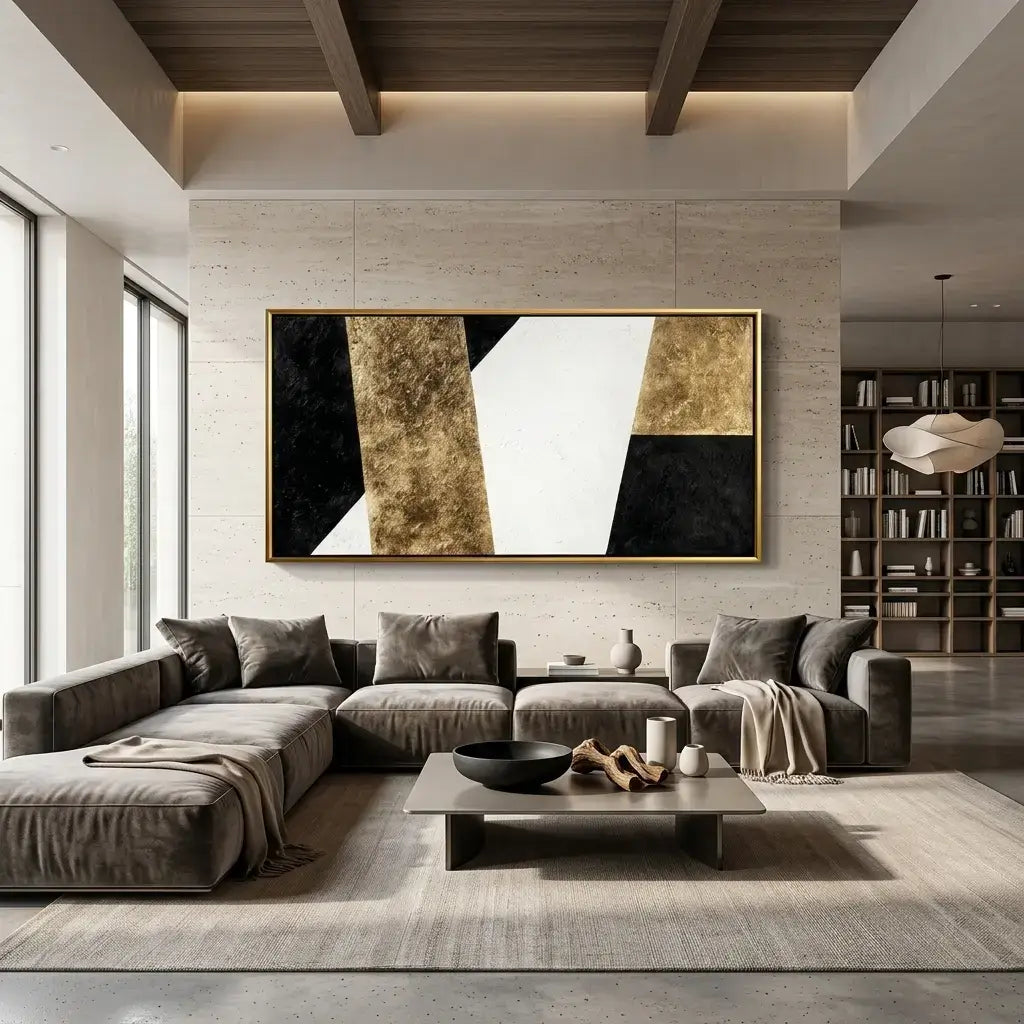 Modern living room with a gray sectional sofa, abstract painting, and bookshelf.
