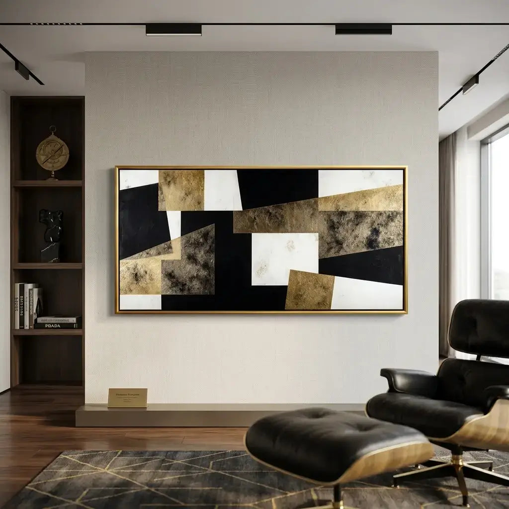 Modern living room with abstract art on the wall, bookshelf, and chair.
