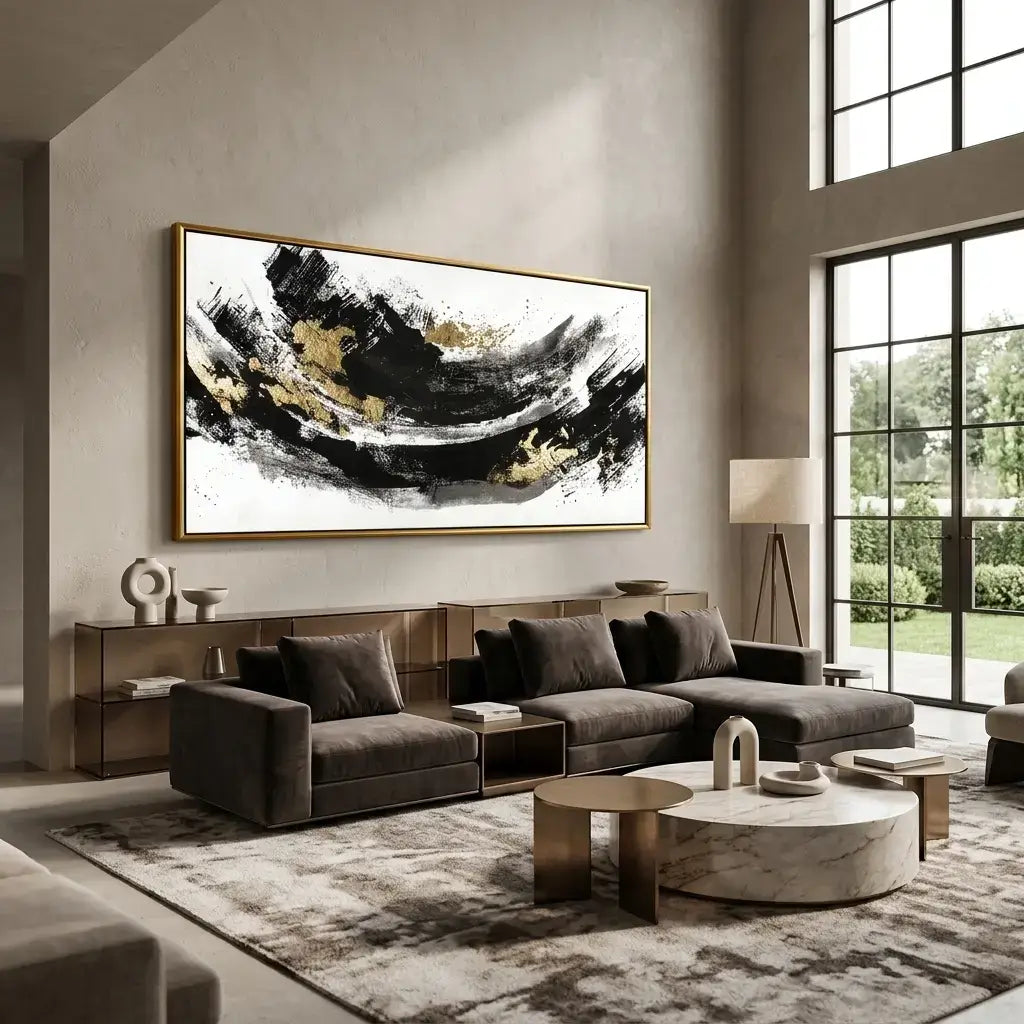 Modern living room with a gray sectional sofa, abstract painting, and large windows.