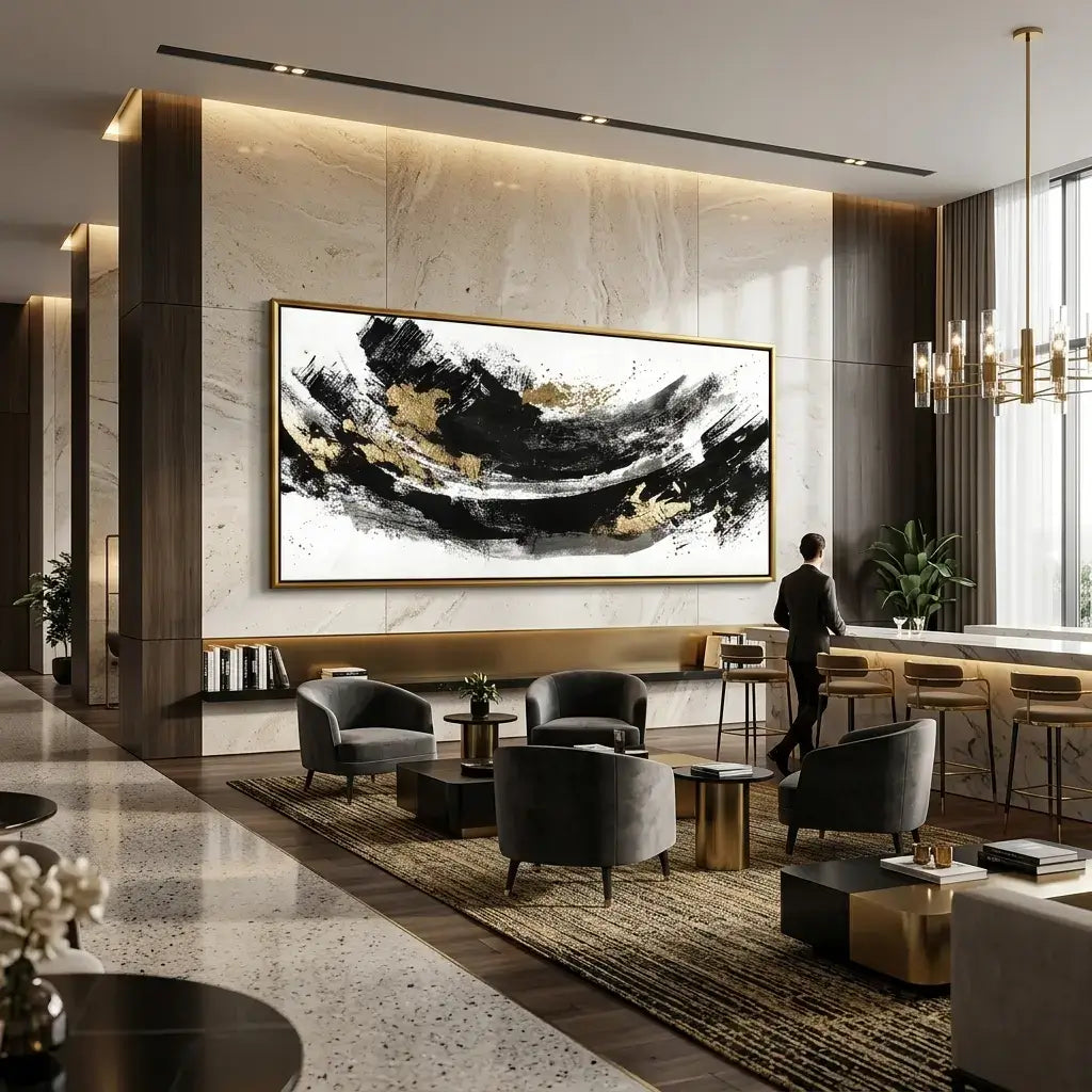 Modern living room with abstract art on the wall, chairs, and a person walking.