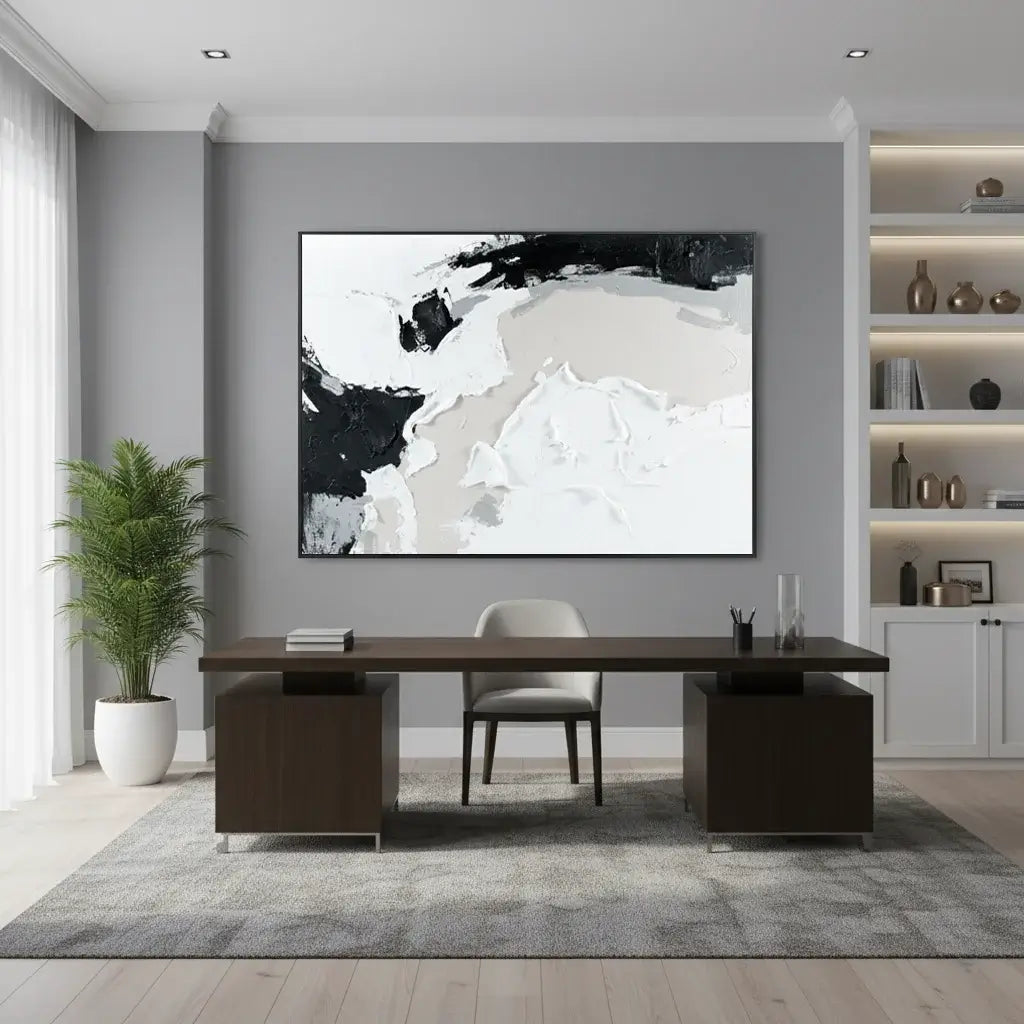 Modern office interior with a large abstract painting on the wall, a desk, and a chair.