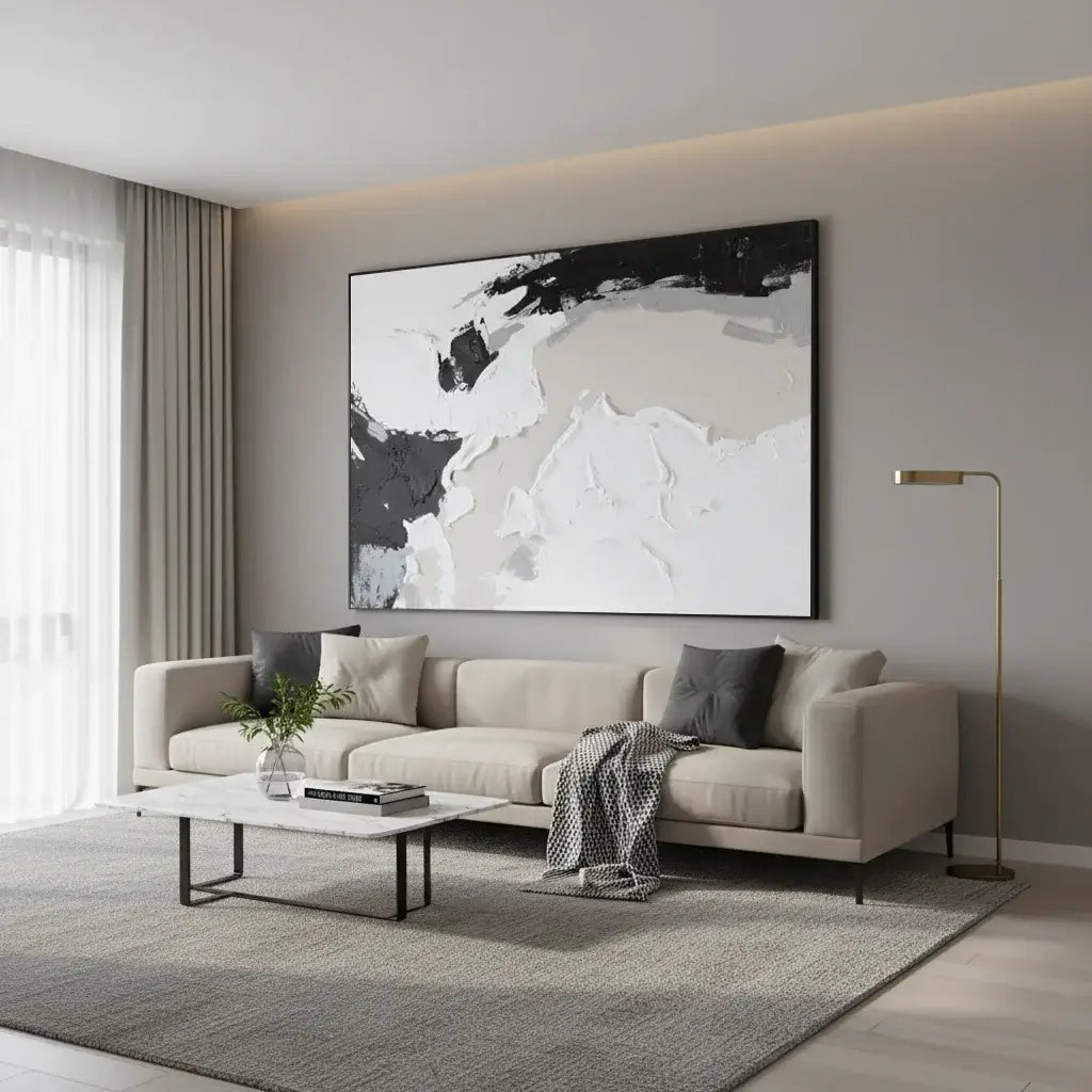 Modern living room with a beige sofa, abstract painting, and coffee table.