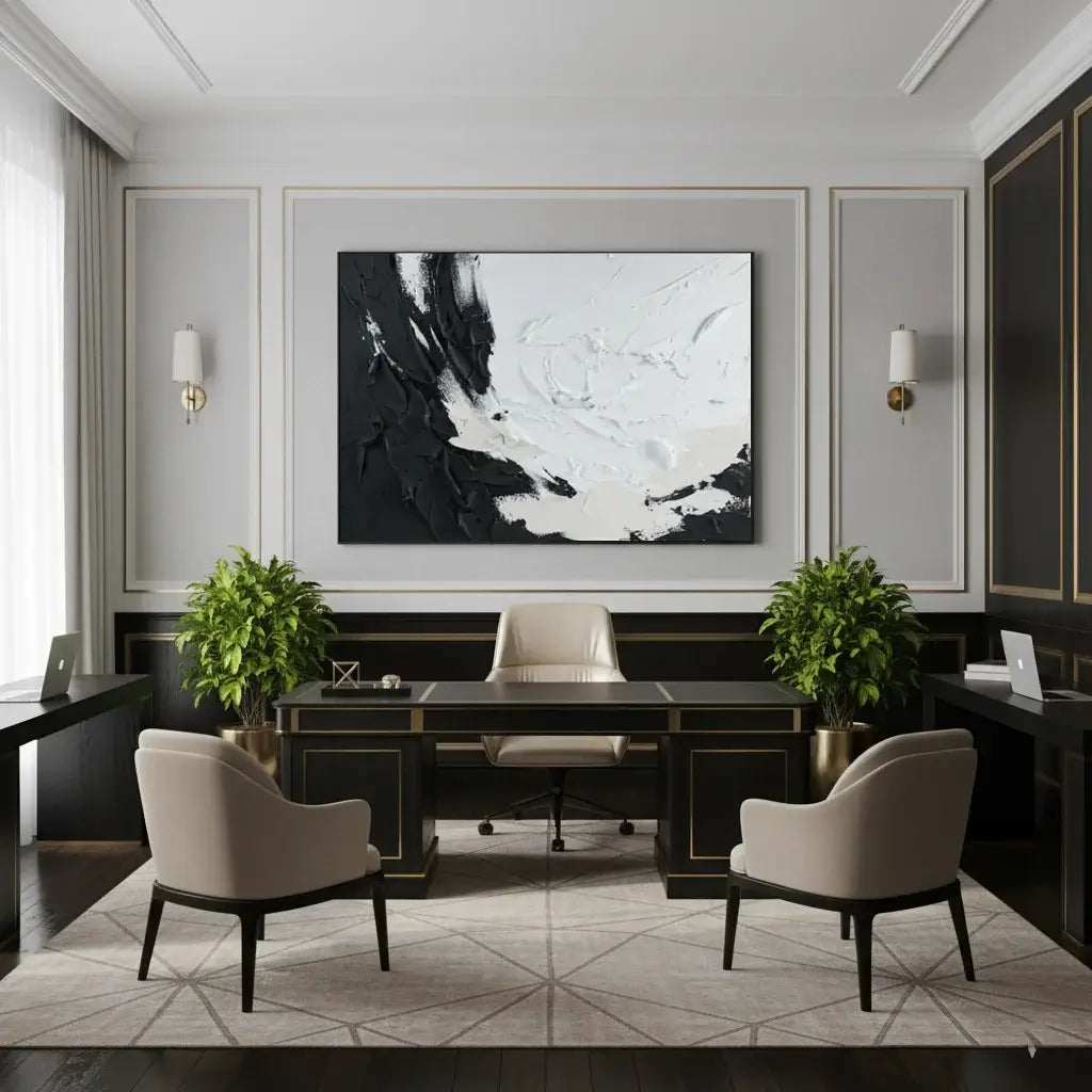 Modern office interior with a large abstract painting on the wall, desk, and chairs.