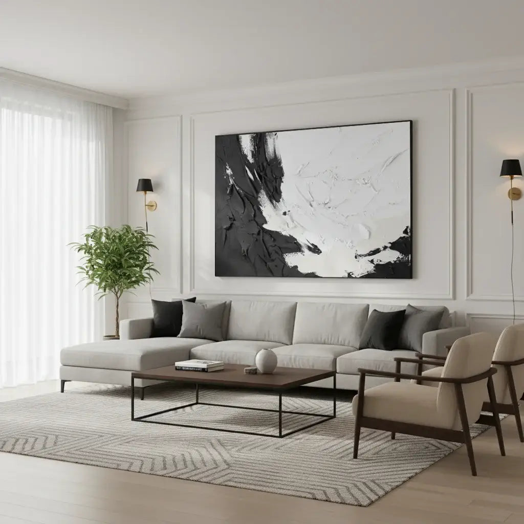 Modern living room with a gray sofa, wooden coffee table, and abstract art on the wall.