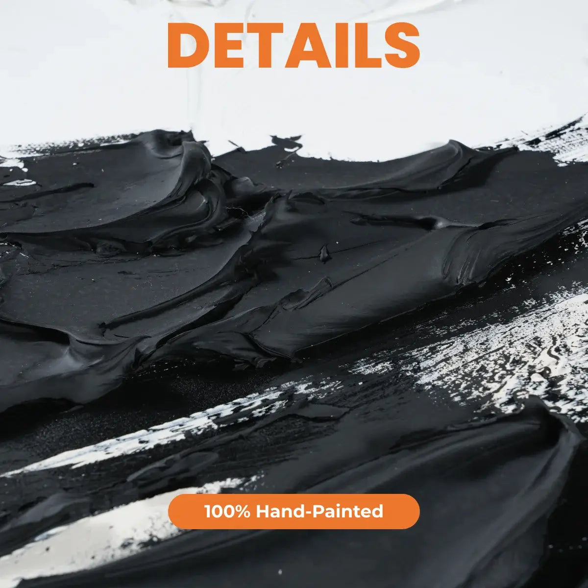 Close-up of black paint texture with '100% Hand-Painted' label on a white background
