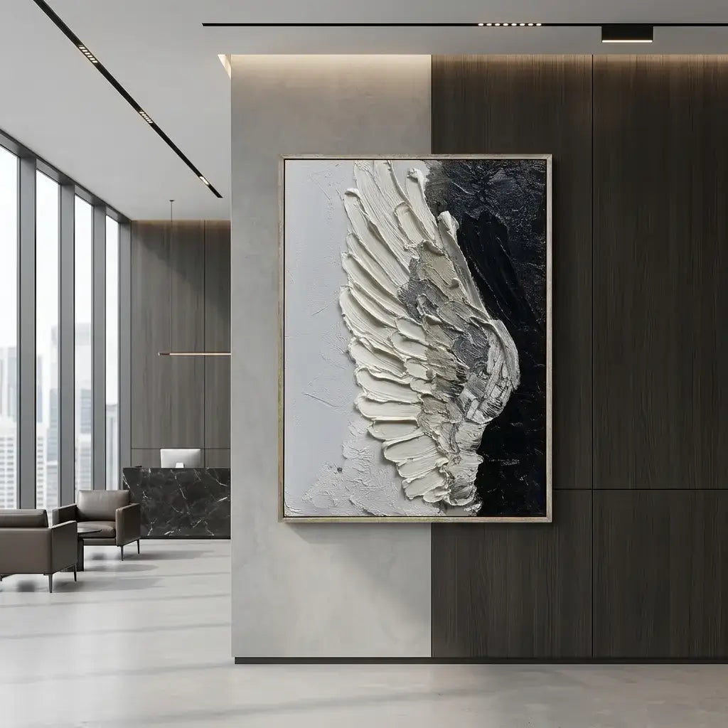 Modern interior with a large abstract painting of a wing on a wall.