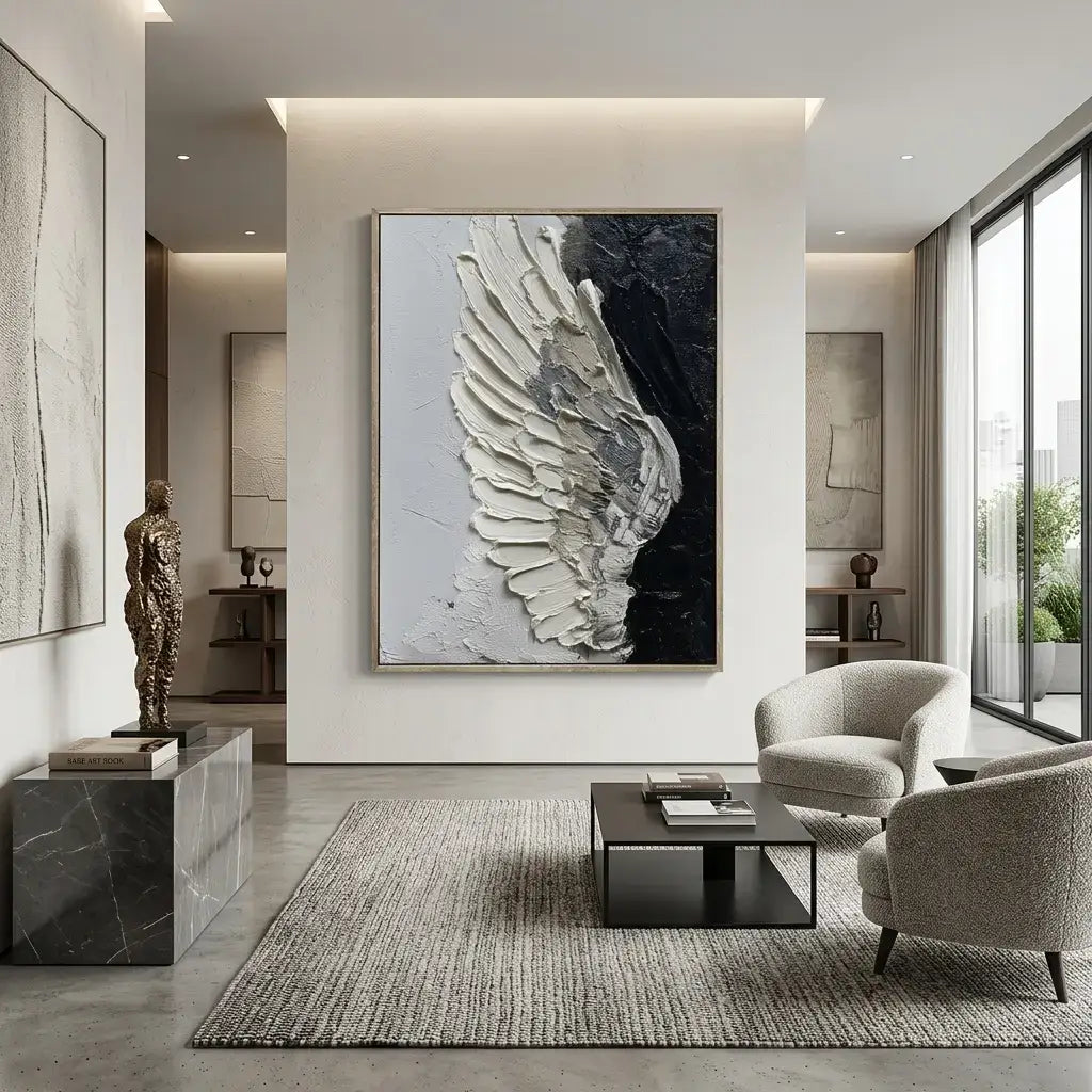 Modern living room with abstract wing artwork on the wall