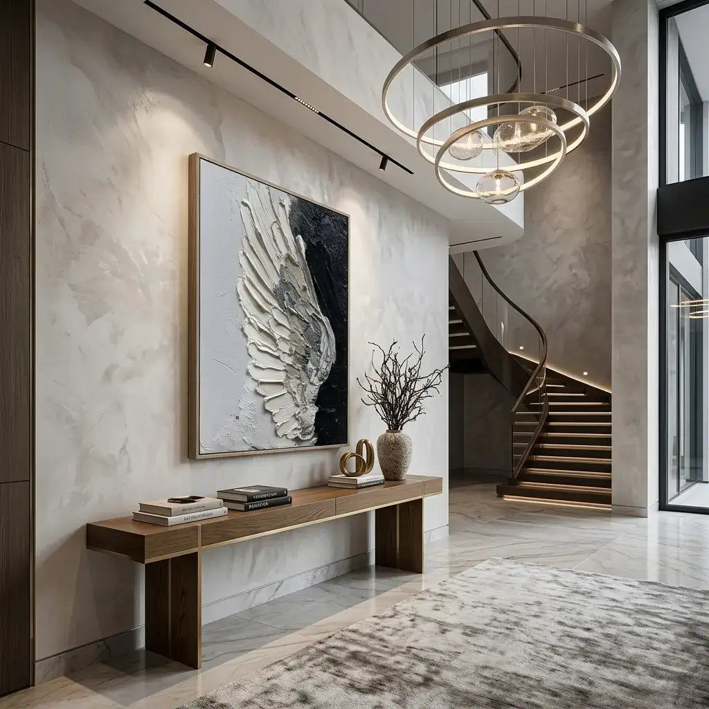 Modern interior with a winged abstract painting, wooden console table, and staircase.