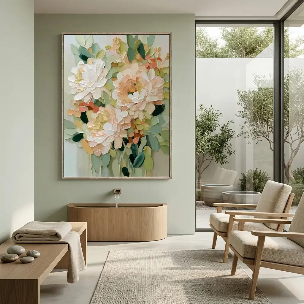 Modern living room with floral artwork, wooden furniture, and outdoor view.