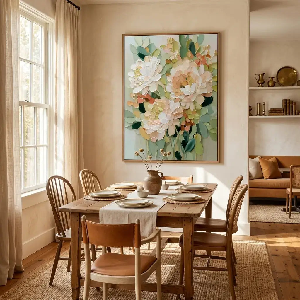 Dining room with wooden table and chairs, floral painting on the wall, and a sofa in the background.