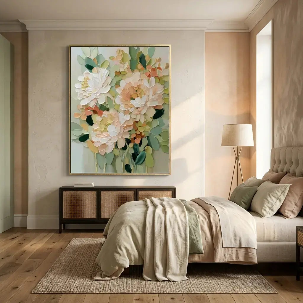 Decorative floral painting above a bed in a bedroom setting