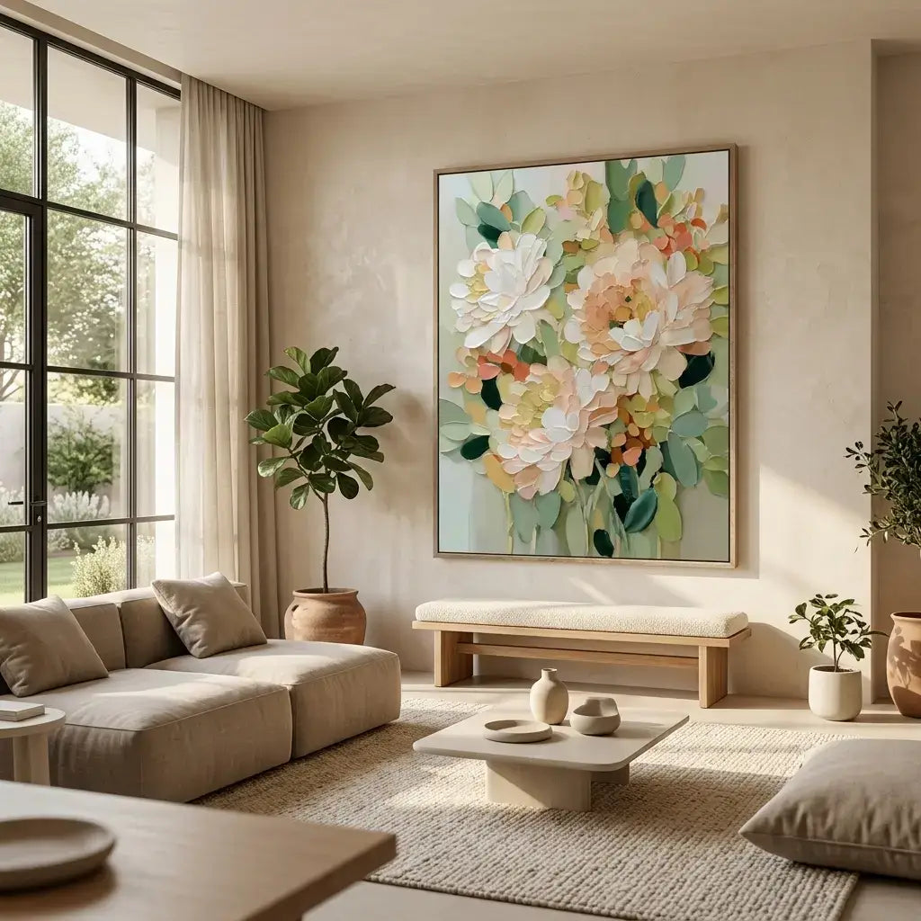 Modern living room with a floral painting on the wall, beige sofa, and decorative plants.