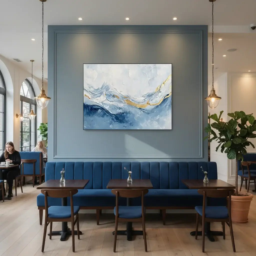Modern cafe interior with blue walls, wooden tables, and abstract art.