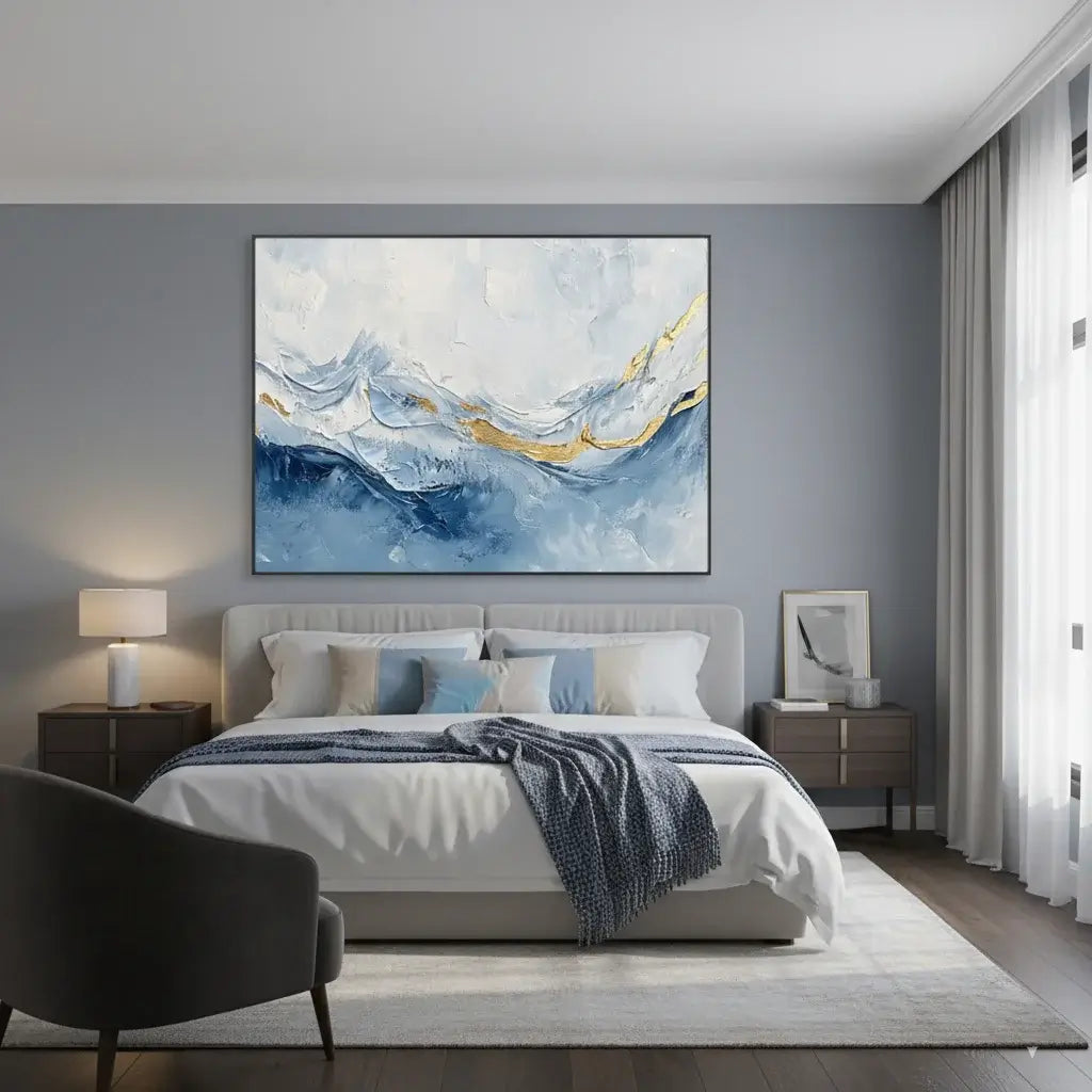 Modern bedroom with abstract art on the wall