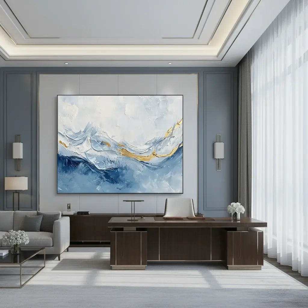 Modern office interior with a large abstract painting on the wall.