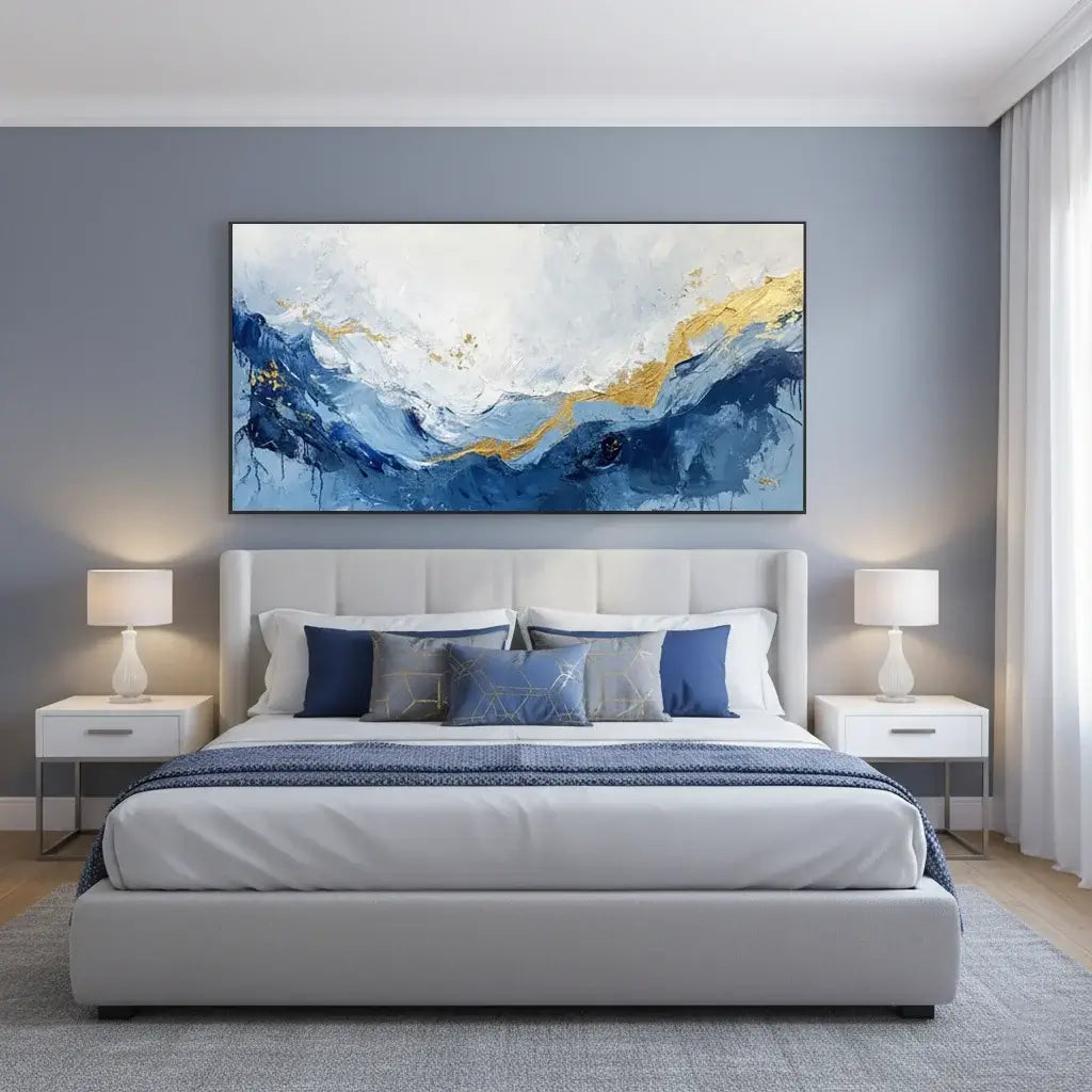 Modern living room with abstract painting, furniture, and decor.