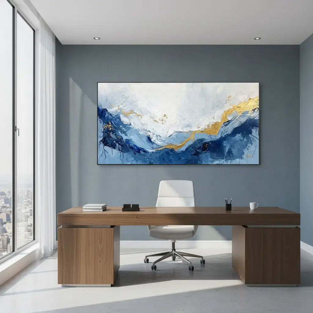 Modern bedroom with a bed, nightstands, and abstract wall art.