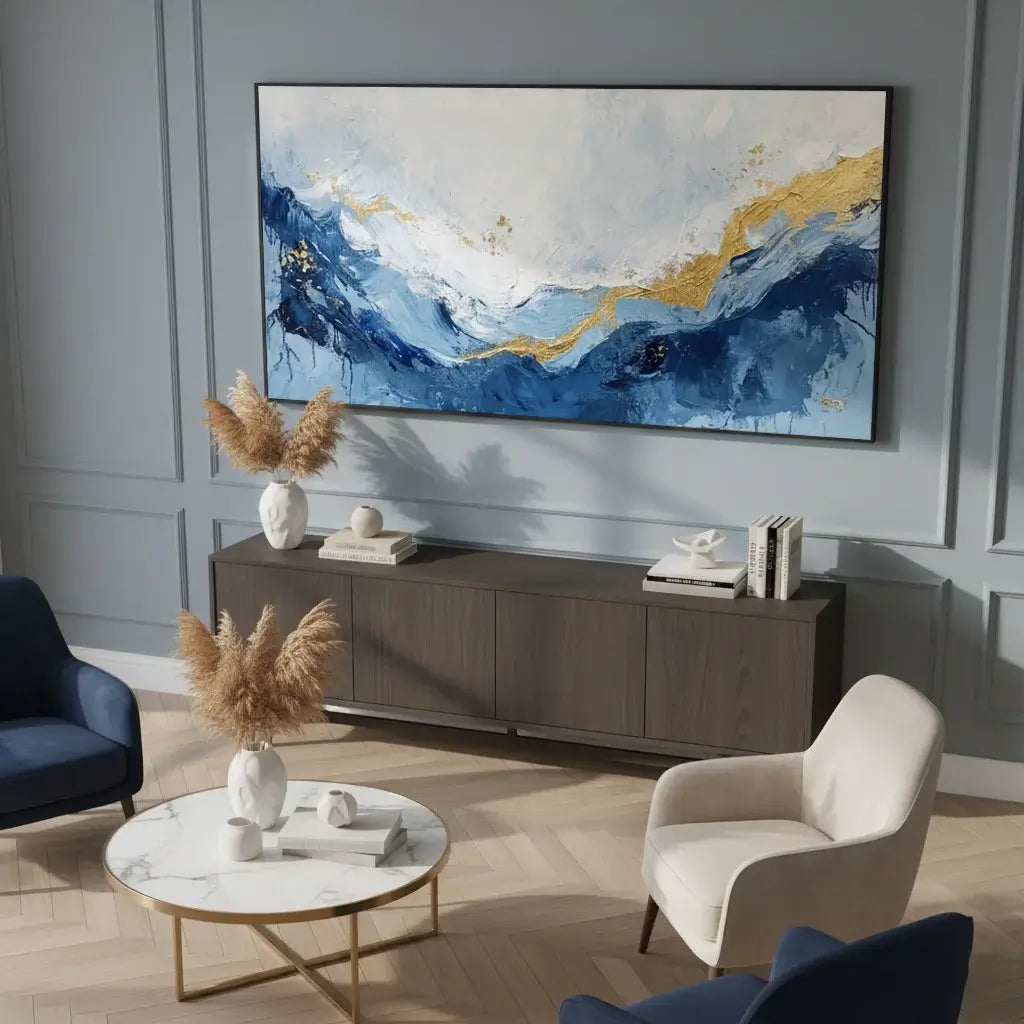 Modern office setup with a large wooden desk, white chair, and abstract painting on a gray wall.
