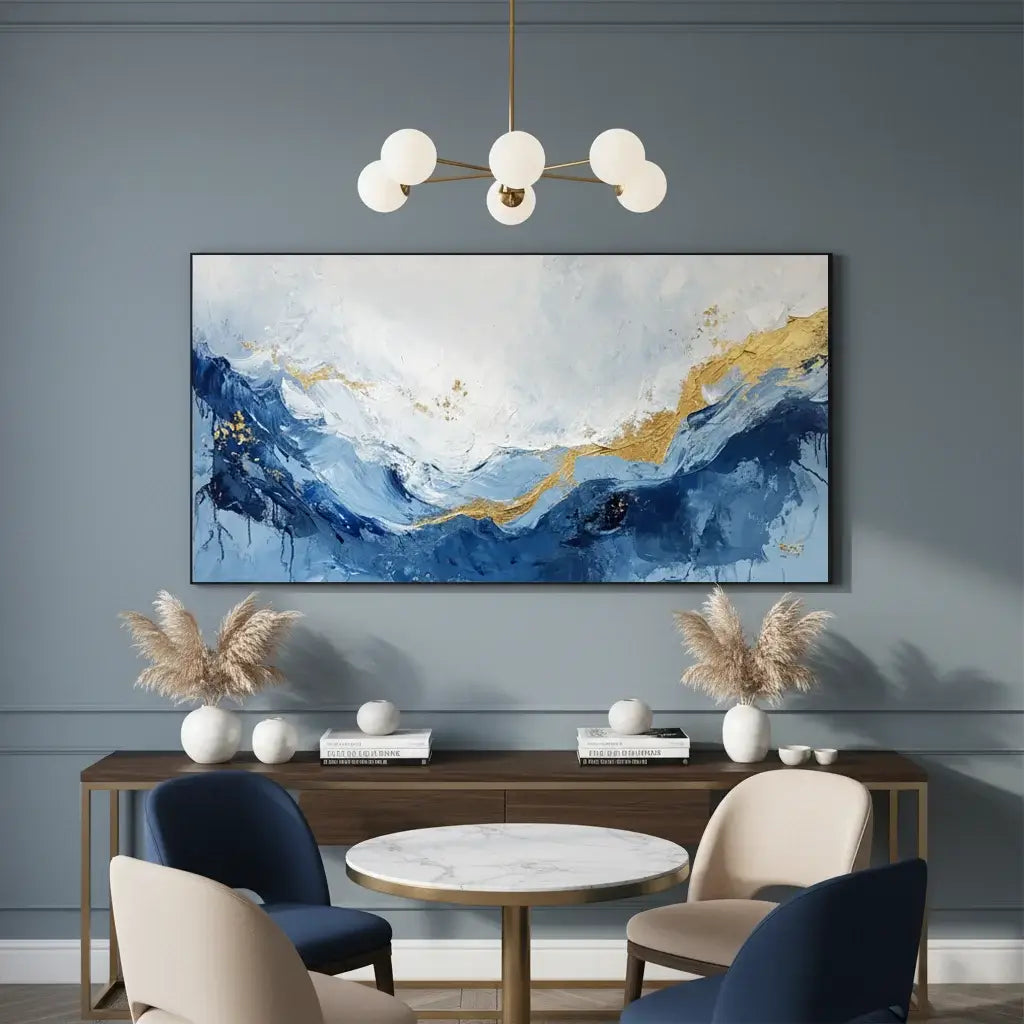 Modern interior design with abstract painting, table, chairs, and decorative elements.