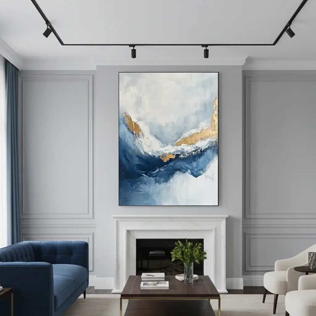 Living room with abstract painting above a fireplace