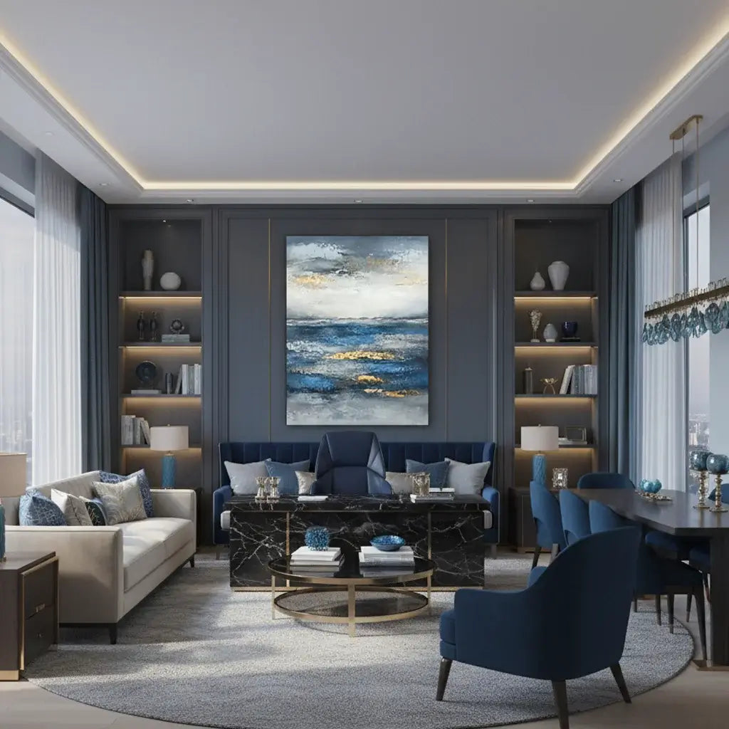 Modern living room with gray walls, blue chairs, and a large abstract painting.