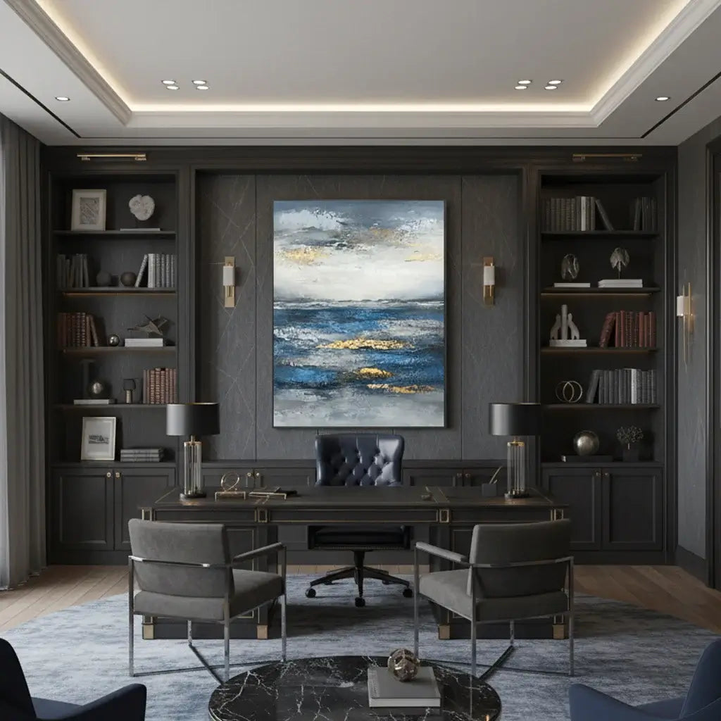 Modern office interior with dark wood furniture, bookshelves, and a large abstract painting.