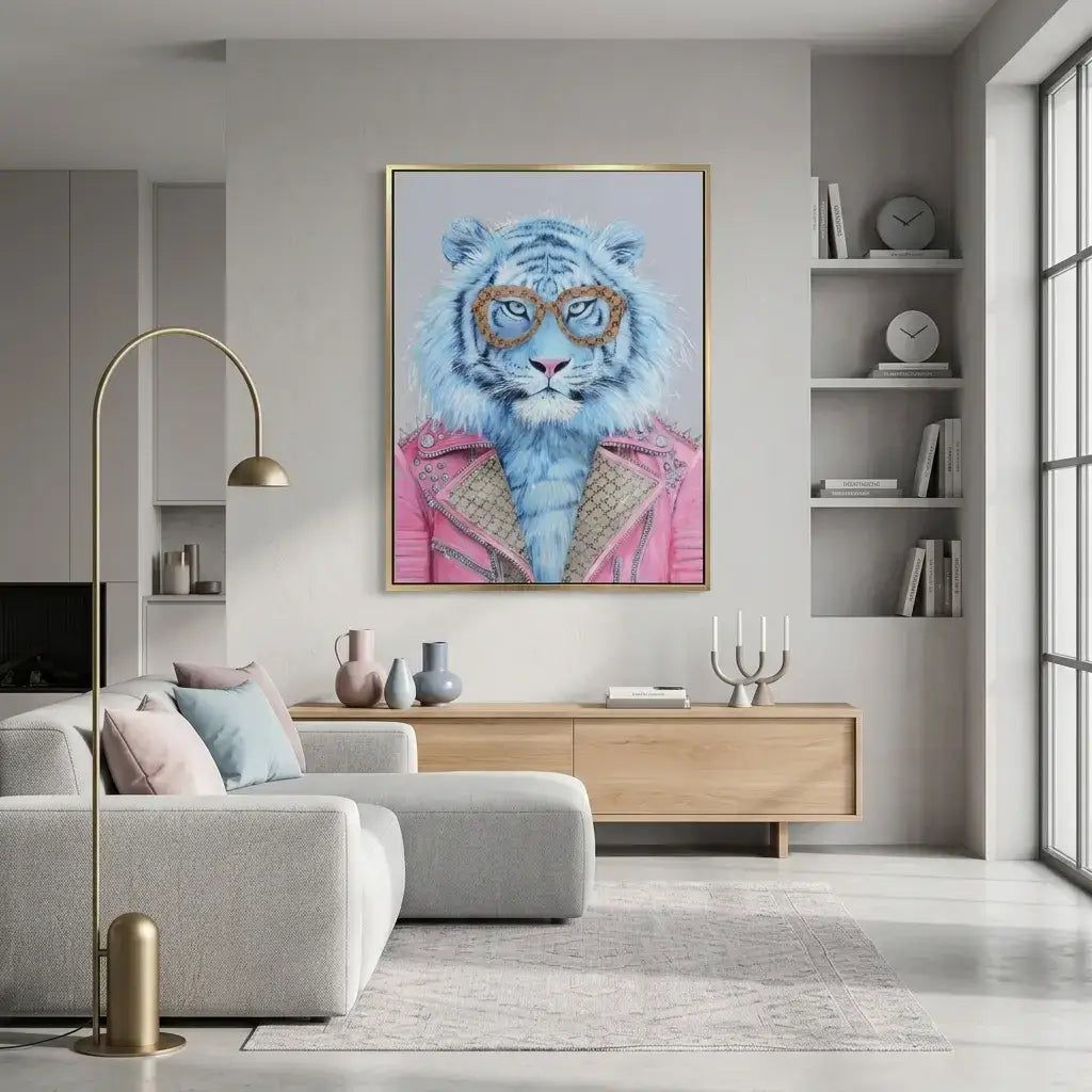 Modern living room with a blue tiger in a frame painting on the wall.