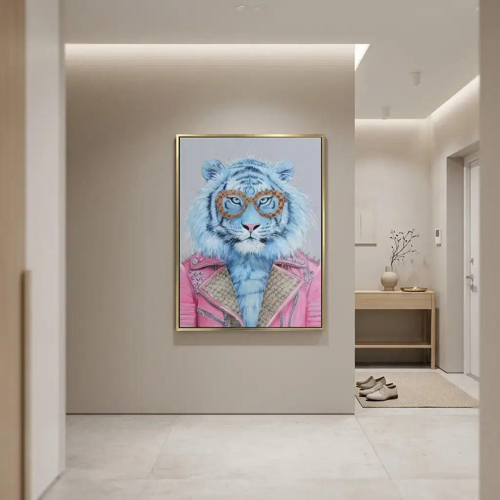 Framed artwork of a blue tiger wearing glasses in a modern hallway.