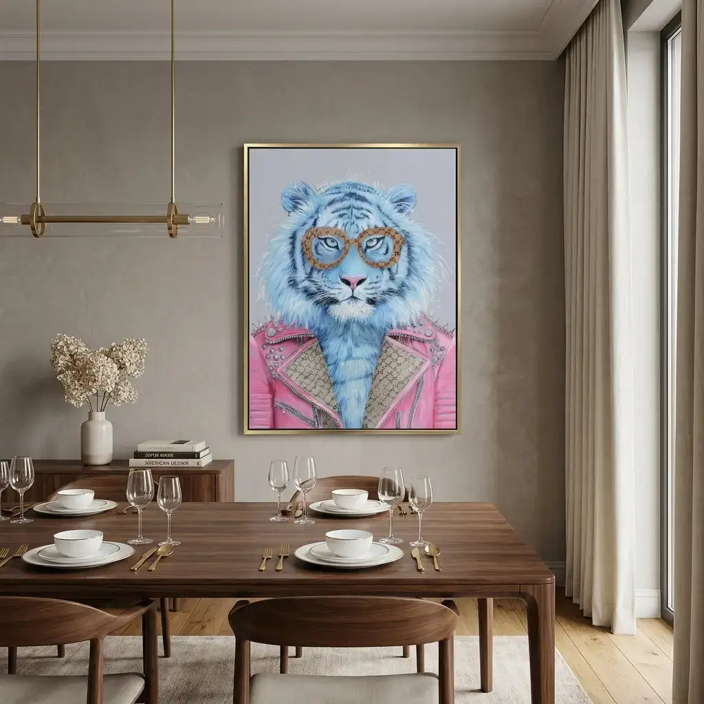 Dining room with a table set for dinner, a painting of a blue tiger wearing glasses on the wall, and a vase with flowers on a sideboard.