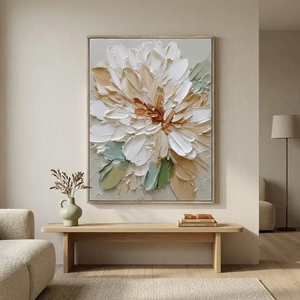 Living room with a large floral painting on the wall above a wooden coffee table.
