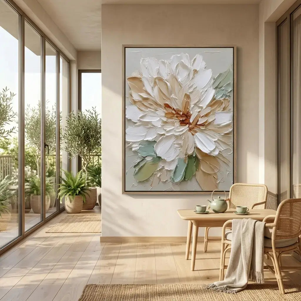Modern interior with a large floral painting on the wall, a dining table, and chairs.