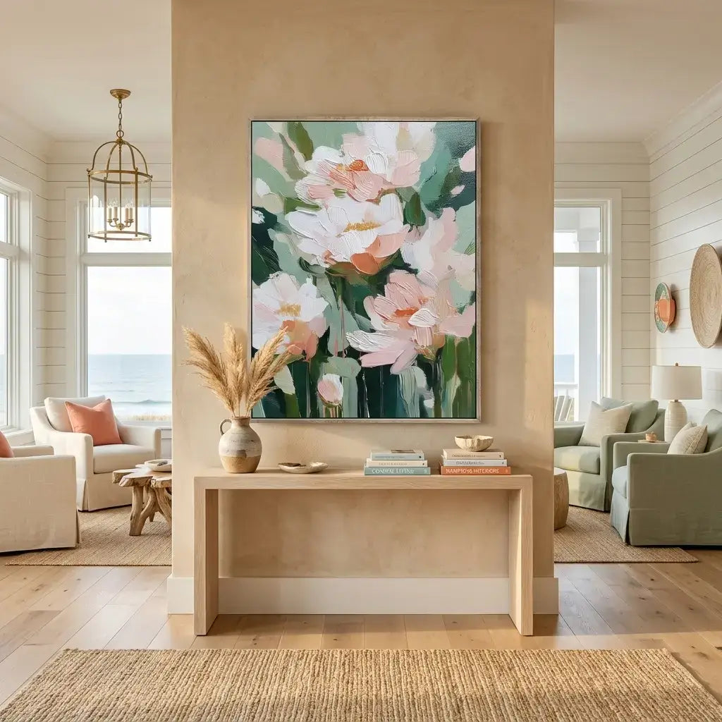 Living room with floral artwork on the wall and a console table.