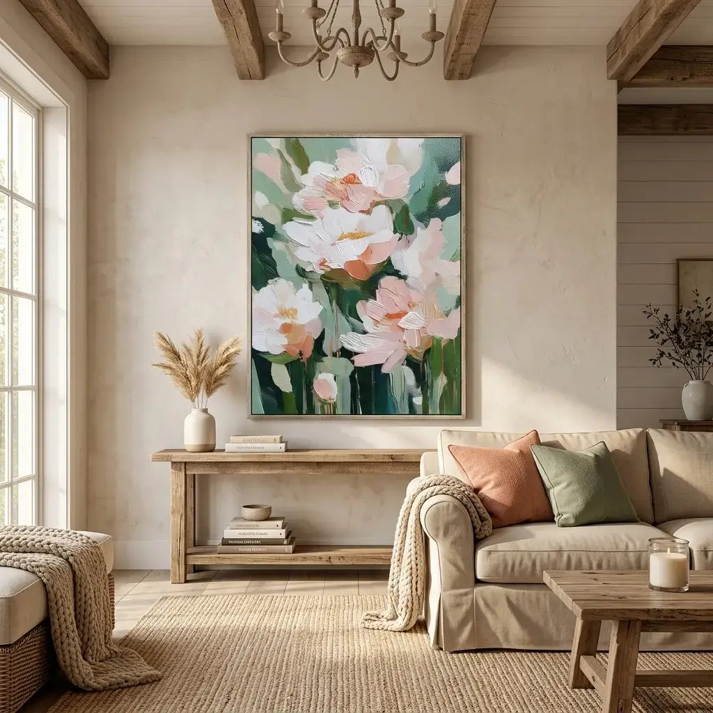 Living room with floral artwork on the wall, beige sofa, and wooden coffee table.