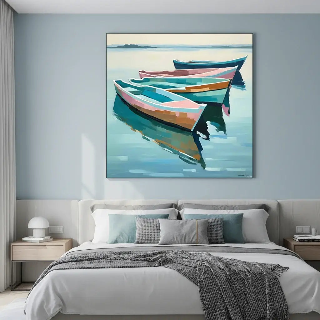 Bedroom with a large abstract painting of boats on the wall