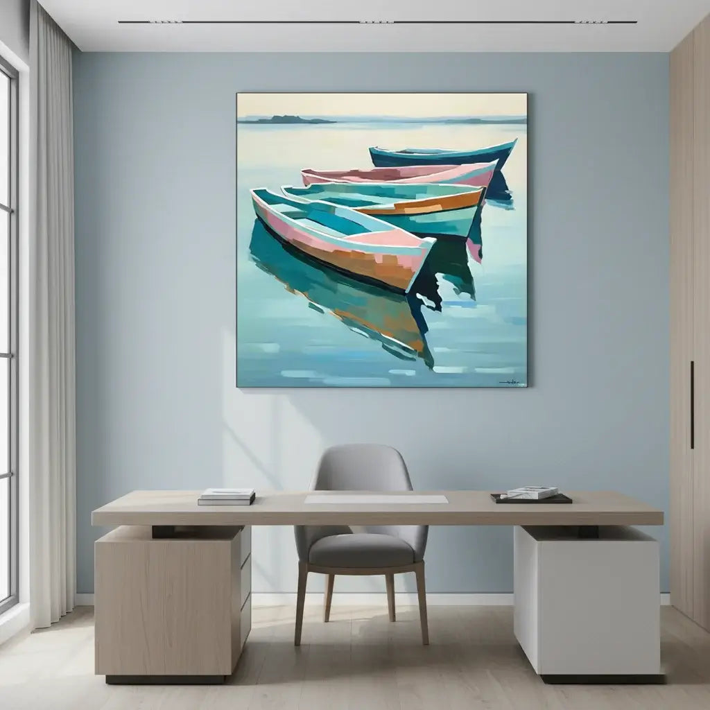 Modern office interior with a painting of boats on the wall
