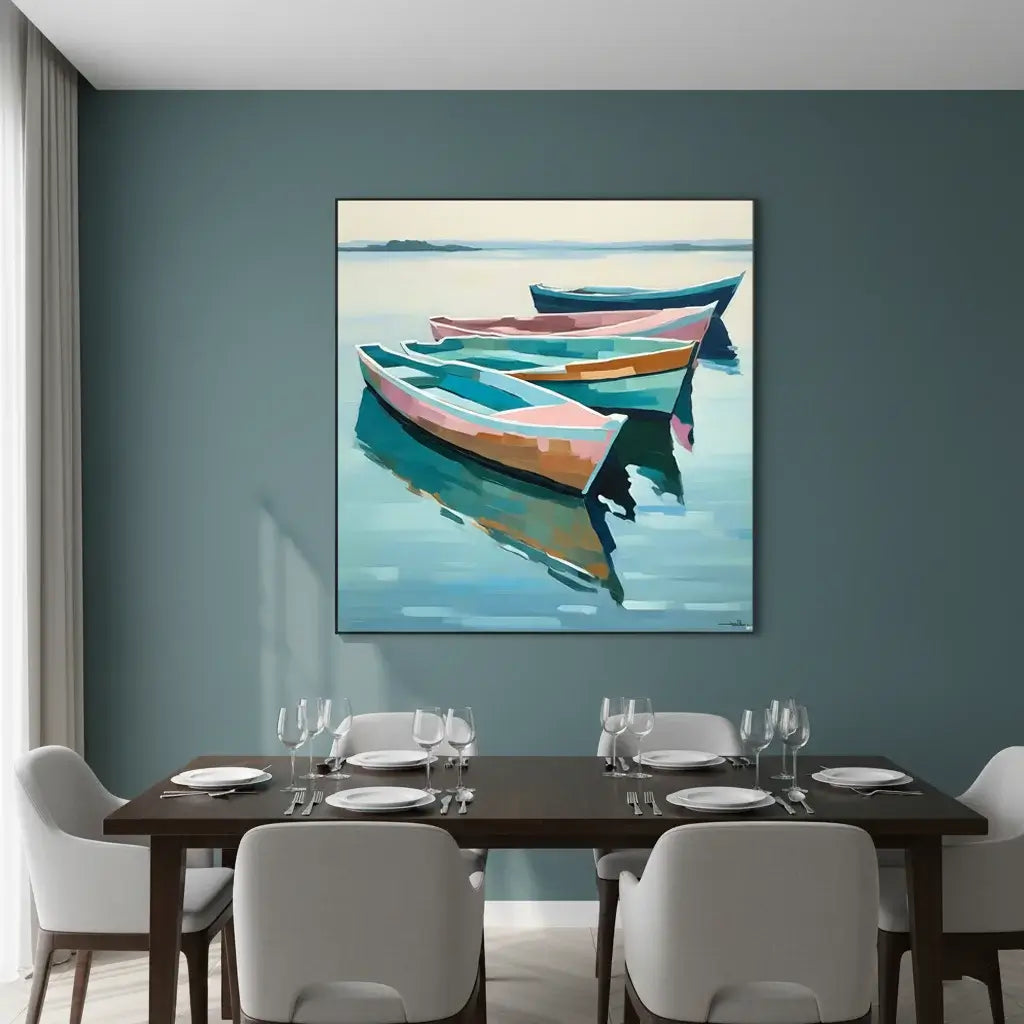Dining room with a painting of colorful boats on a blue wall