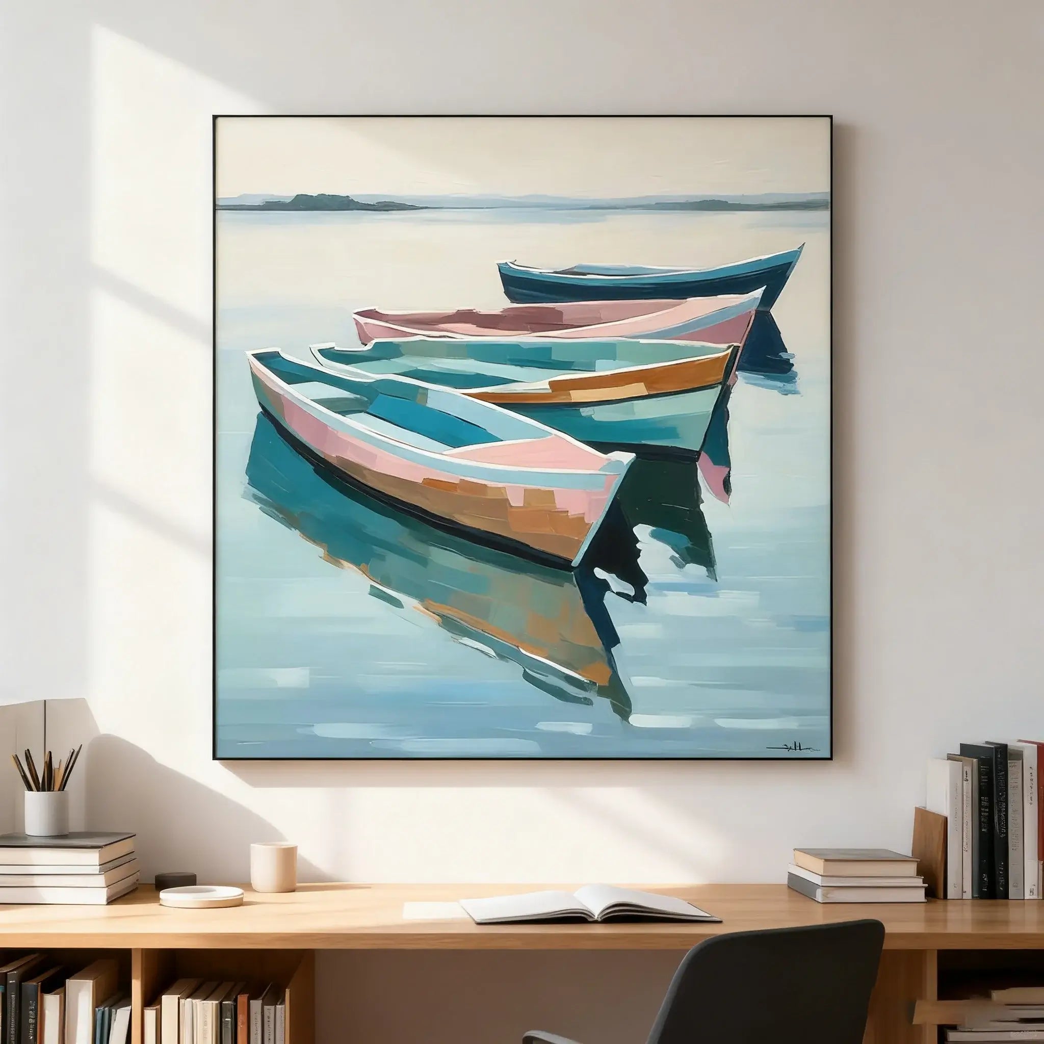 Framed artwork of colorful boats on a wall above a desk.