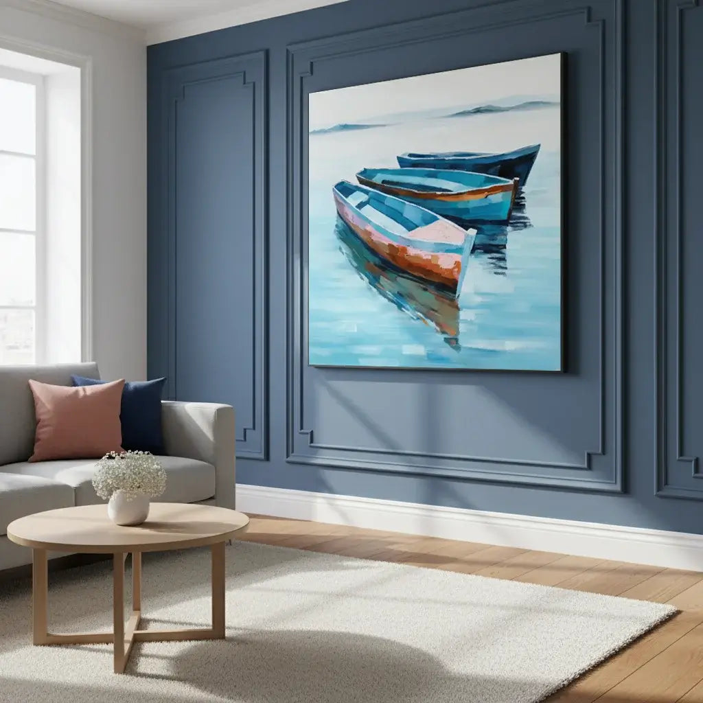 Living room with a painting of boats on a blue wall