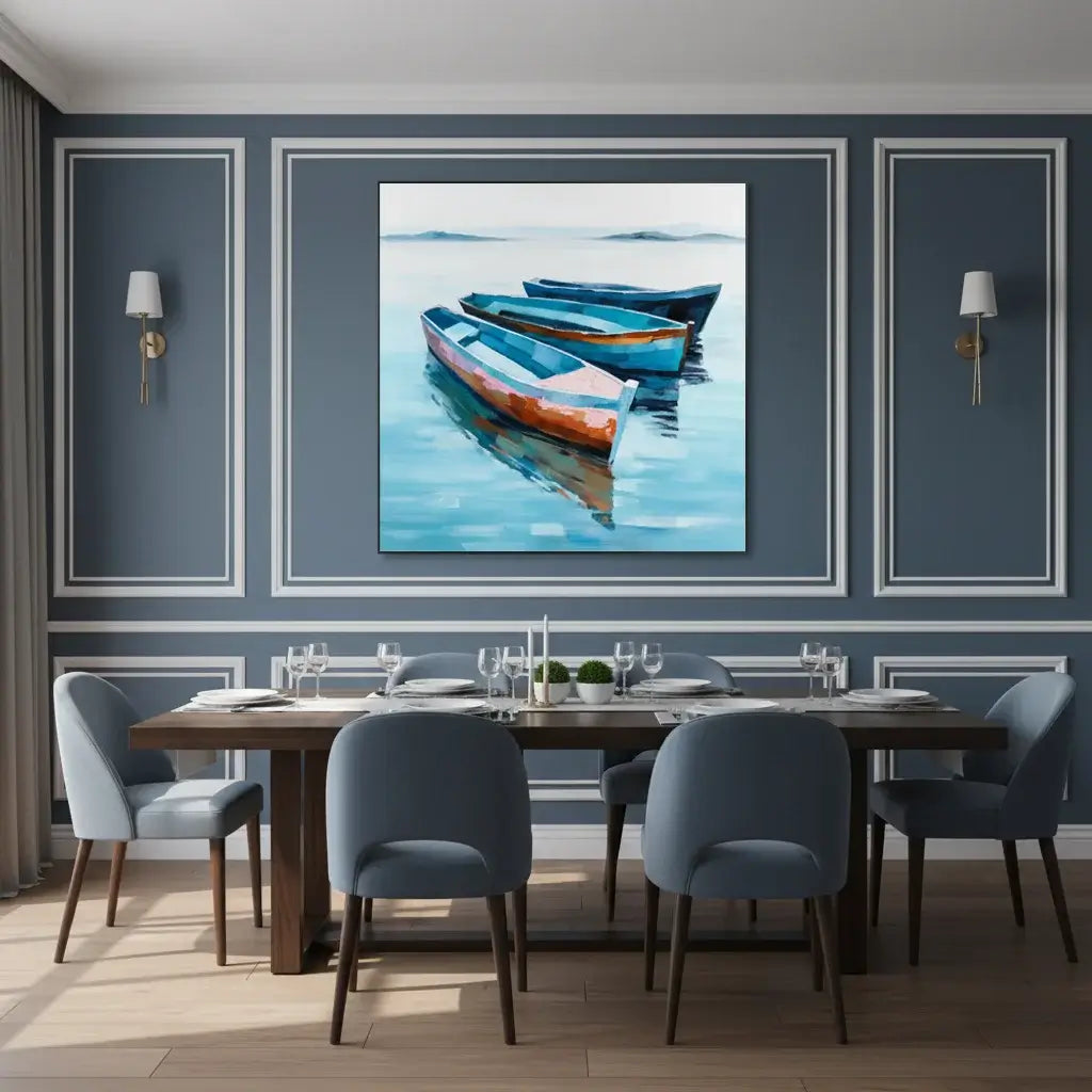 Dining room with a table and chairs, featuring a large painting of boats on the wall.
