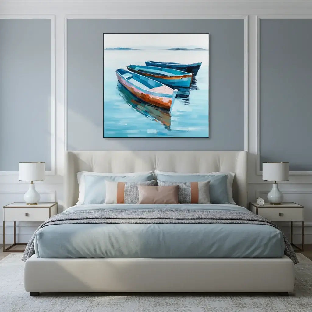 Bedroom with a painting of boats on the wall
