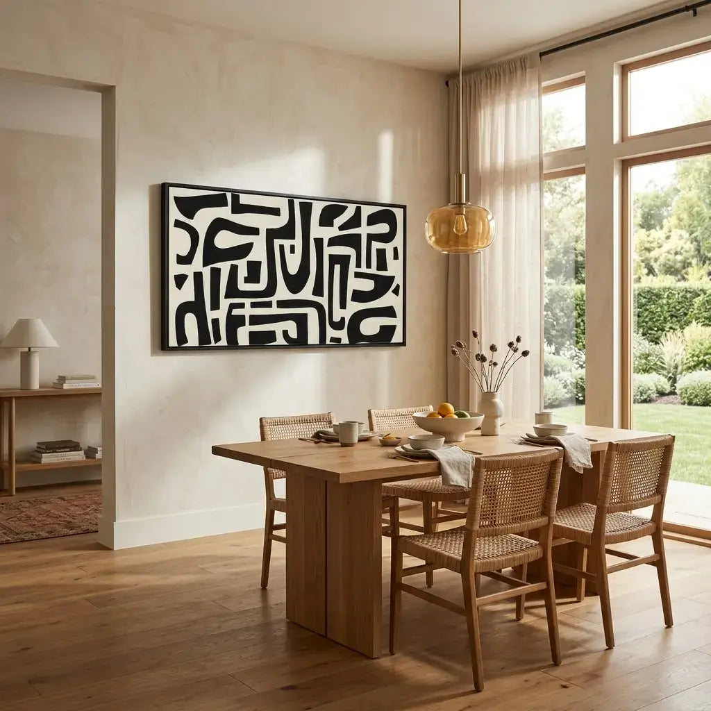 Dining room with wooden table and chairs, abstract art on the wall, and large windows.