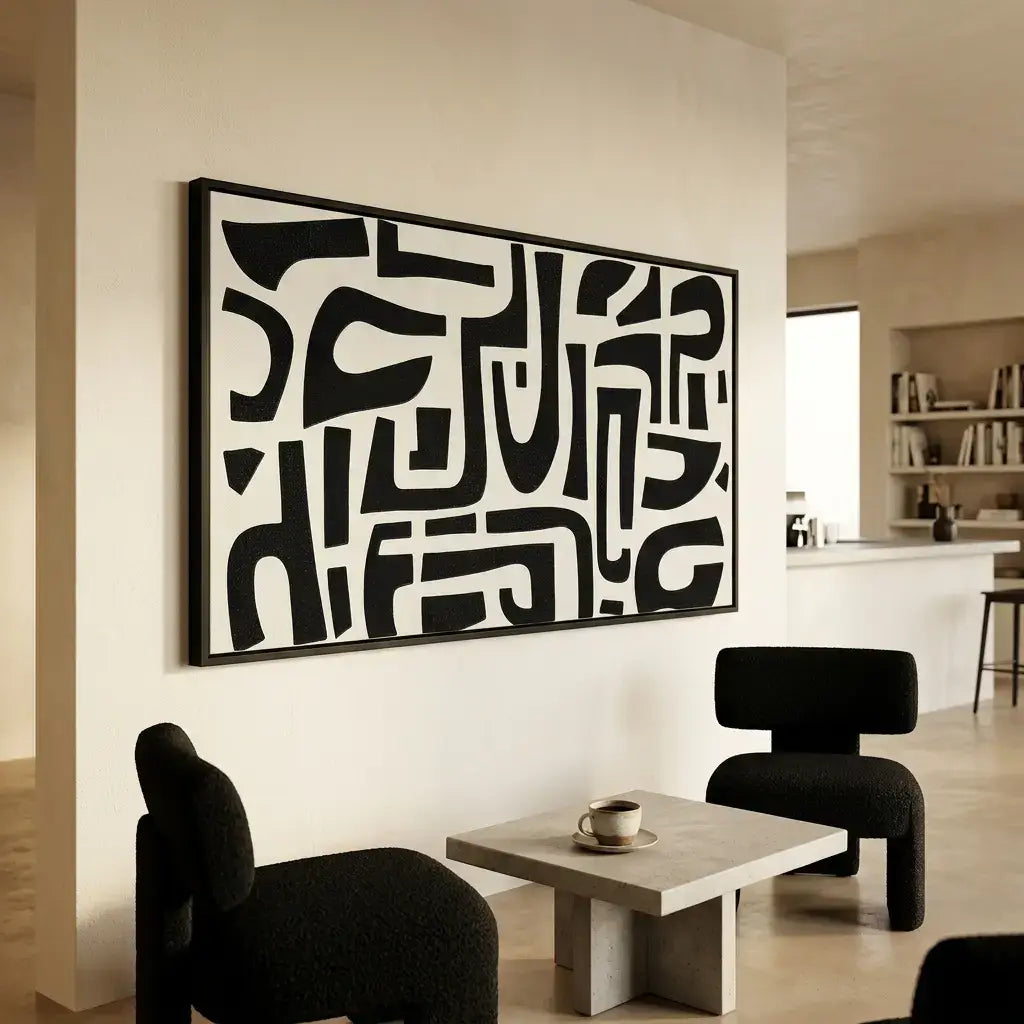 Modern interior with abstract black and white artwork on a wall, black chairs, and a small table.
