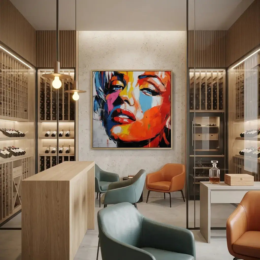Modern interior with colorful abstract painting, chairs, and wine racks.