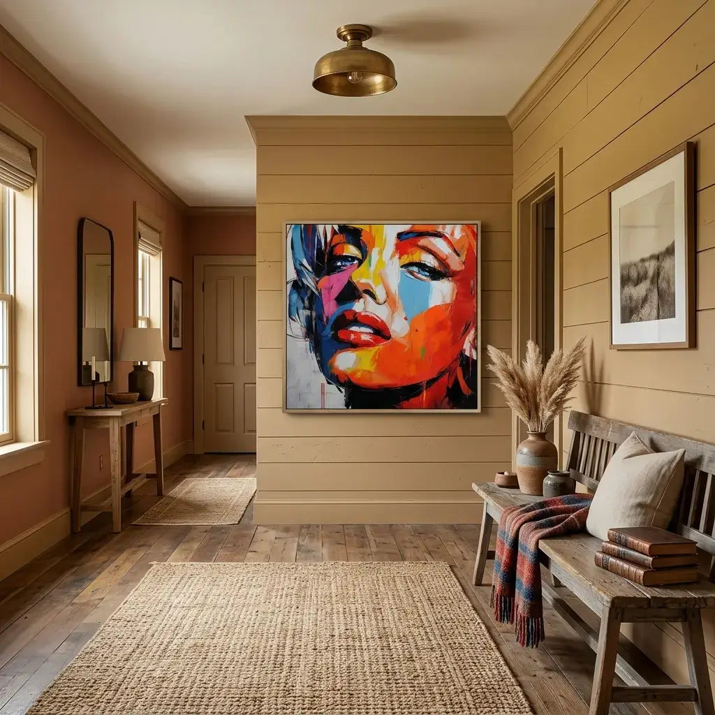 Colorful abstract painting on a wall in a home interior with wooden bench and rug.
